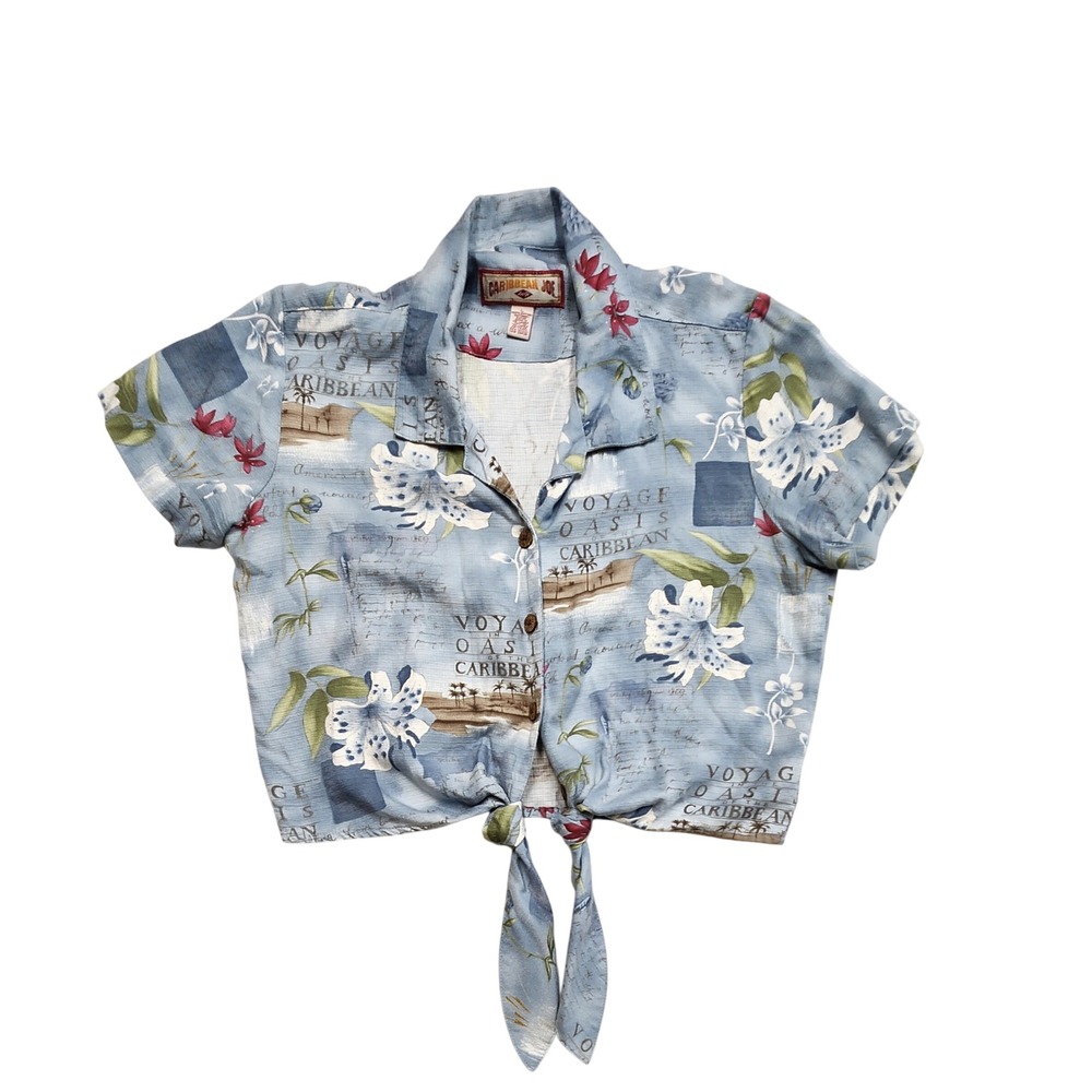 Caribbean Joe Tropical Floral Tie Front Crop Shirt Blue Women Large Y2K Coastal